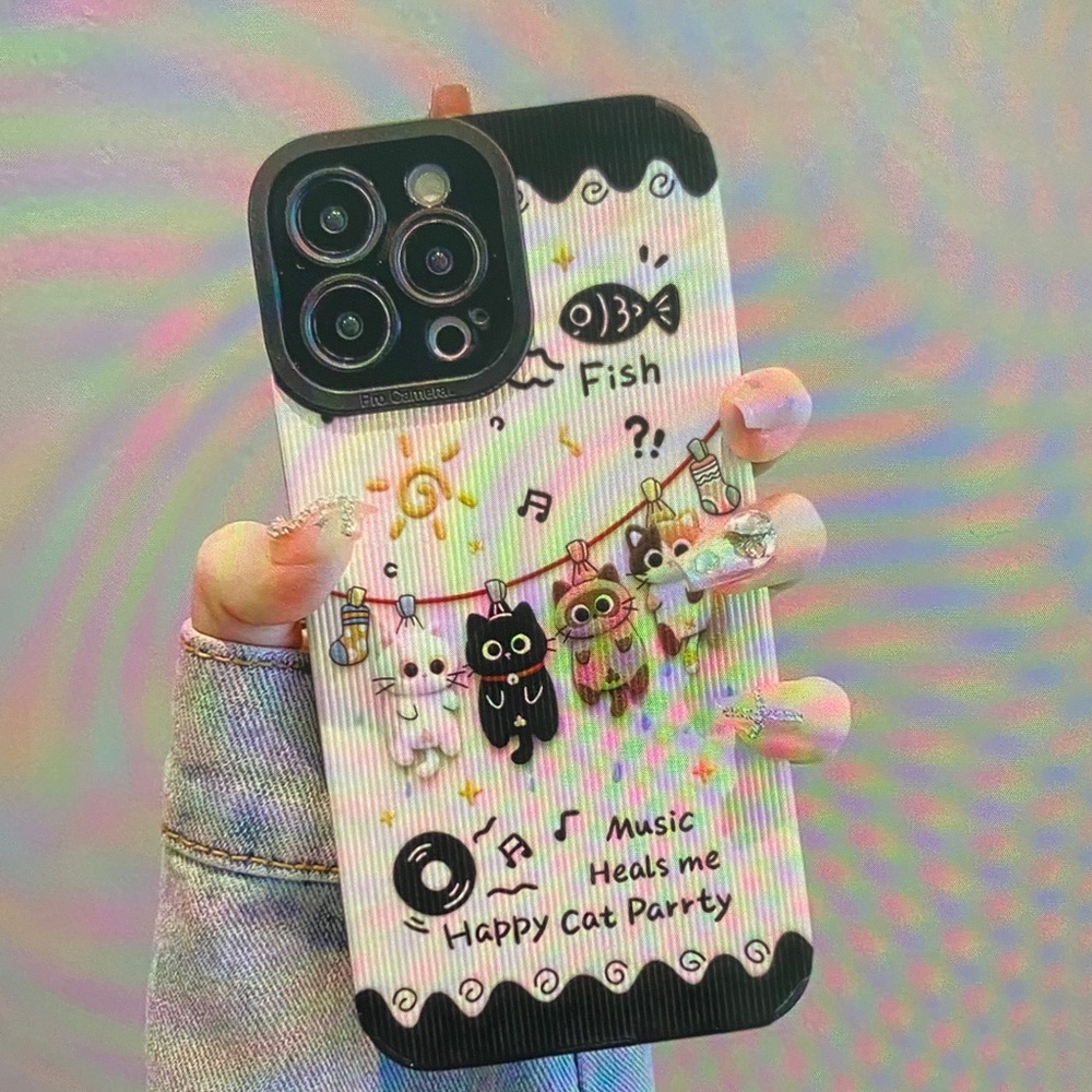 Happy Cat Party Phone Case - White Cute Cartoon Design